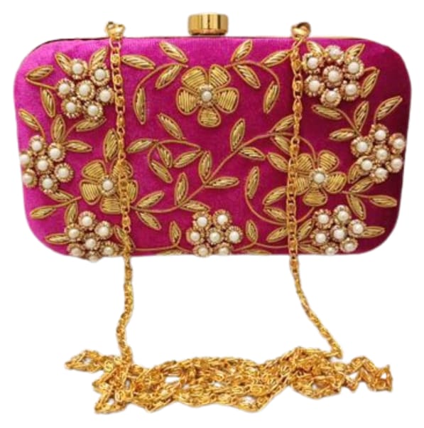 Women's gold zari  Hand Embroidered Party/wedding/clutch box purse