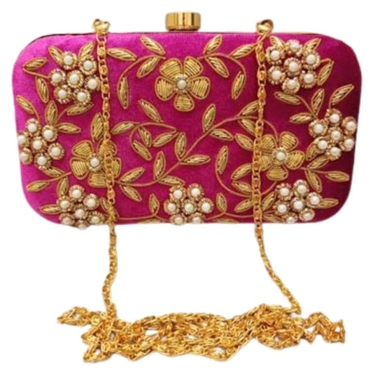 Women's gold zari  Hand Embroidered Party/wedding/clutch box purse