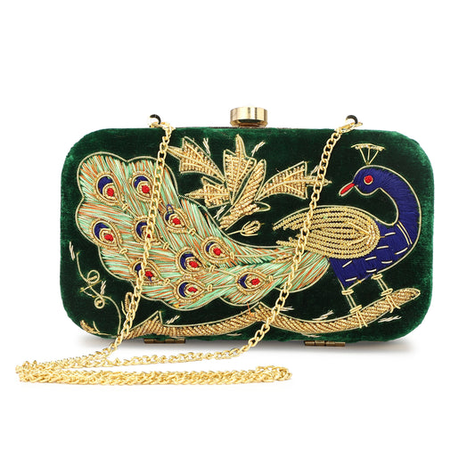 Peacock design velvet ladies clutch purse