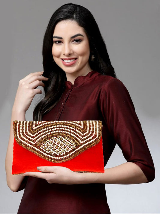 Ethnic gold color embroidery work women red clutch purse