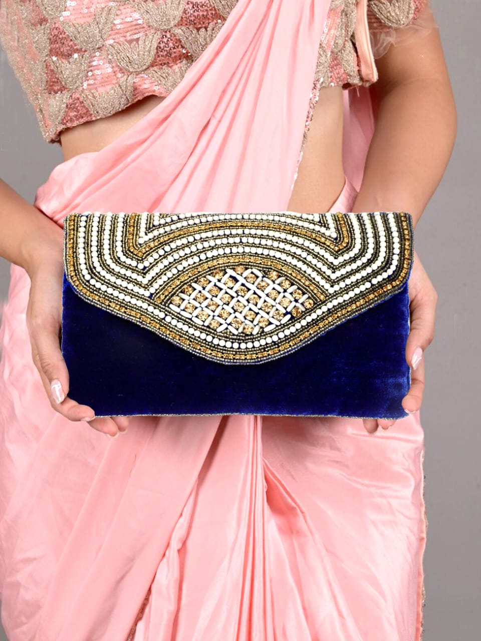 Handmade Beaded Clutch - Shoulder Sling for Women & Girls, White Embellishments.