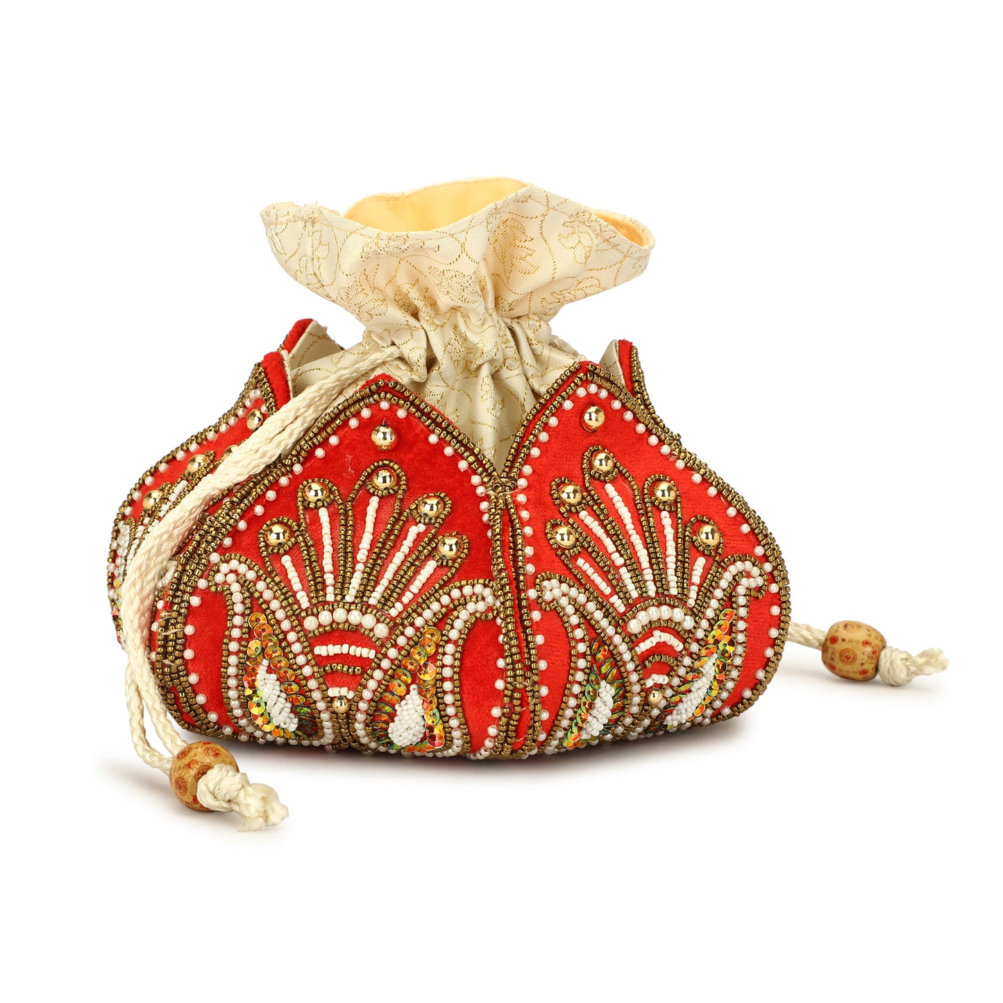 Handcrafted Lotus Embroidered Red velvet Silk Potli for Women/Girls