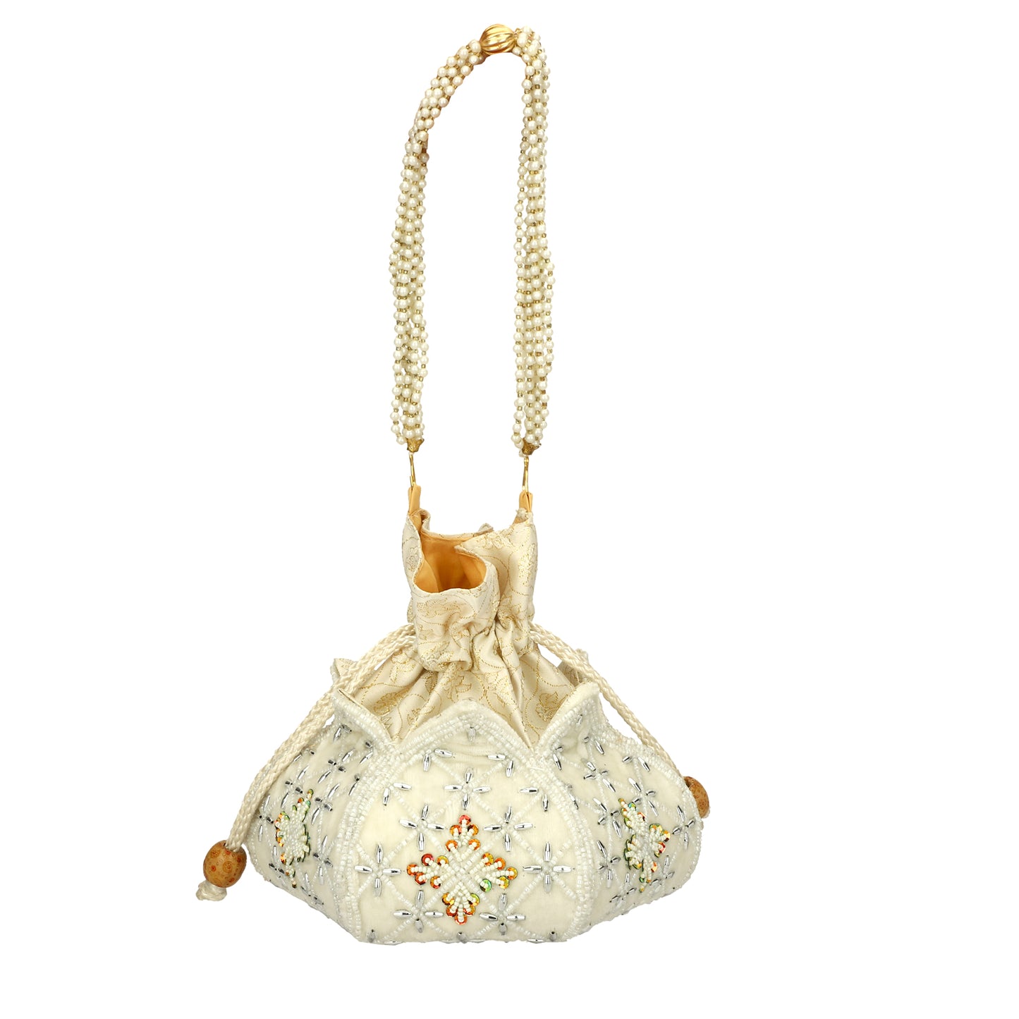 women beaded lotus shape potli bag