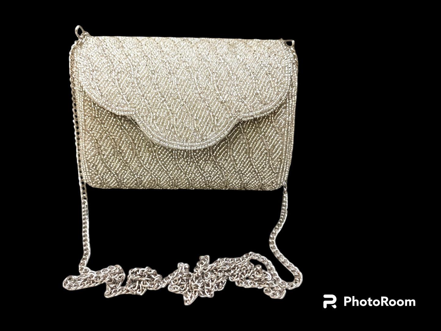 silver Beaded formal party clutch with silver chain for women and girls