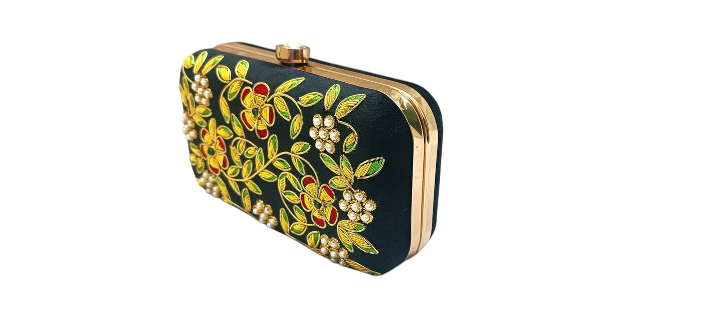 Zardosi work black velvet multicolor embroidery women and girls clutch bag