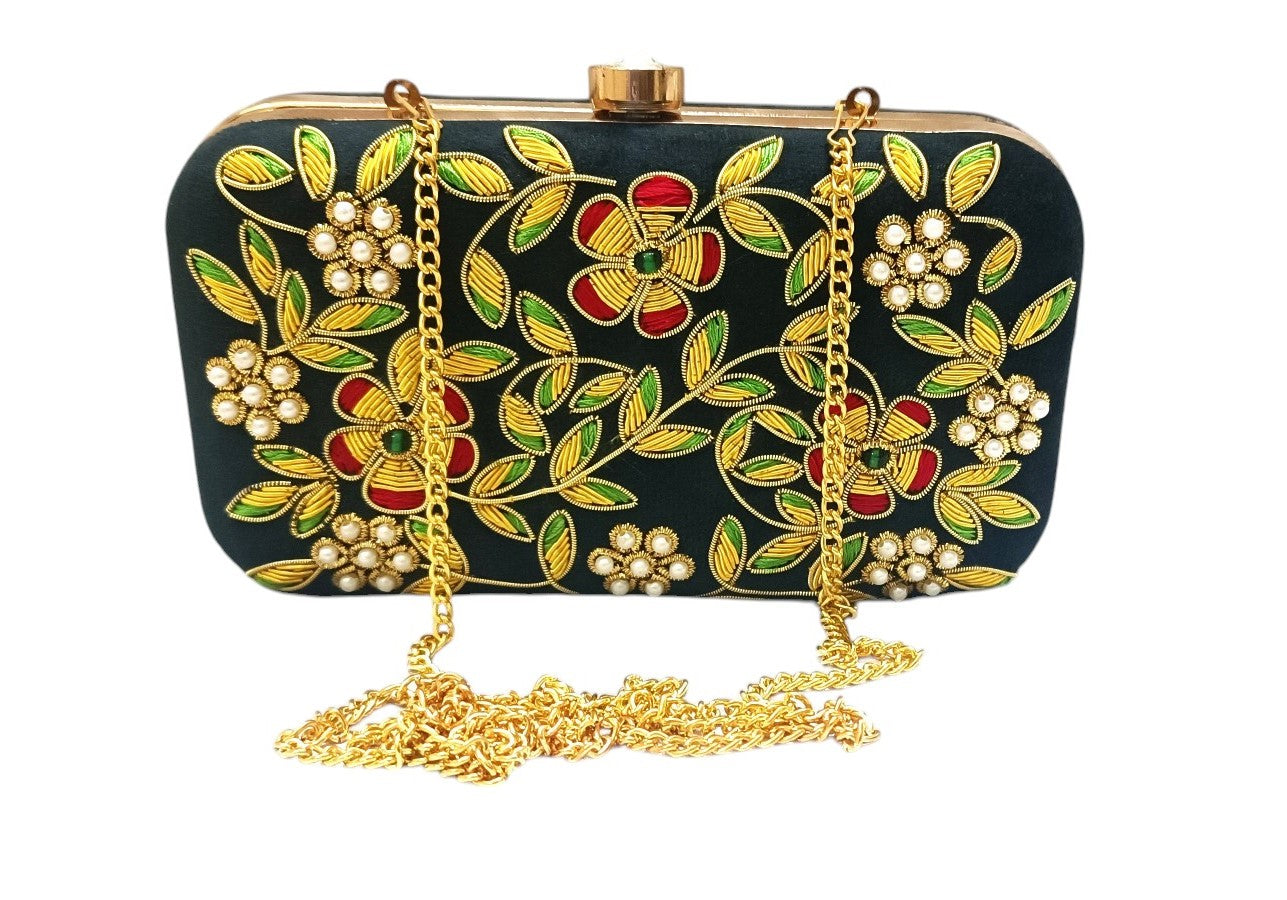 Zardosi work black velvet multicolor embroidery women and girls clutch bag