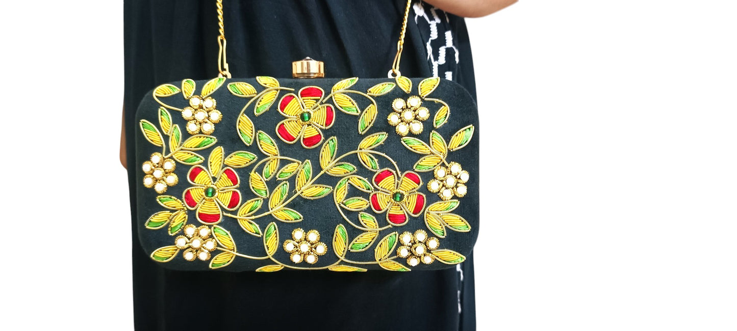 Zardosi work black velvet multicolor embroidery women and girls clutch bag