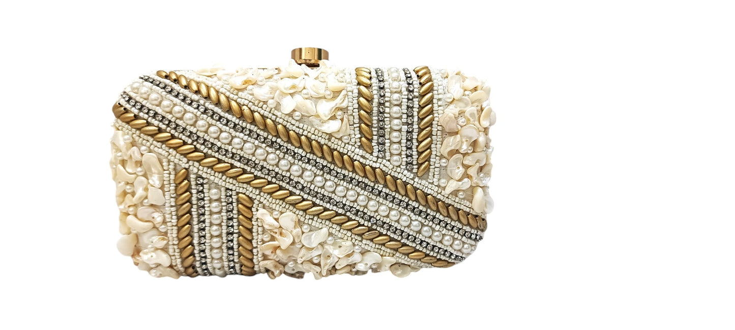 Stylish Handmade Pearl Beaded women partywear cream clutch purse