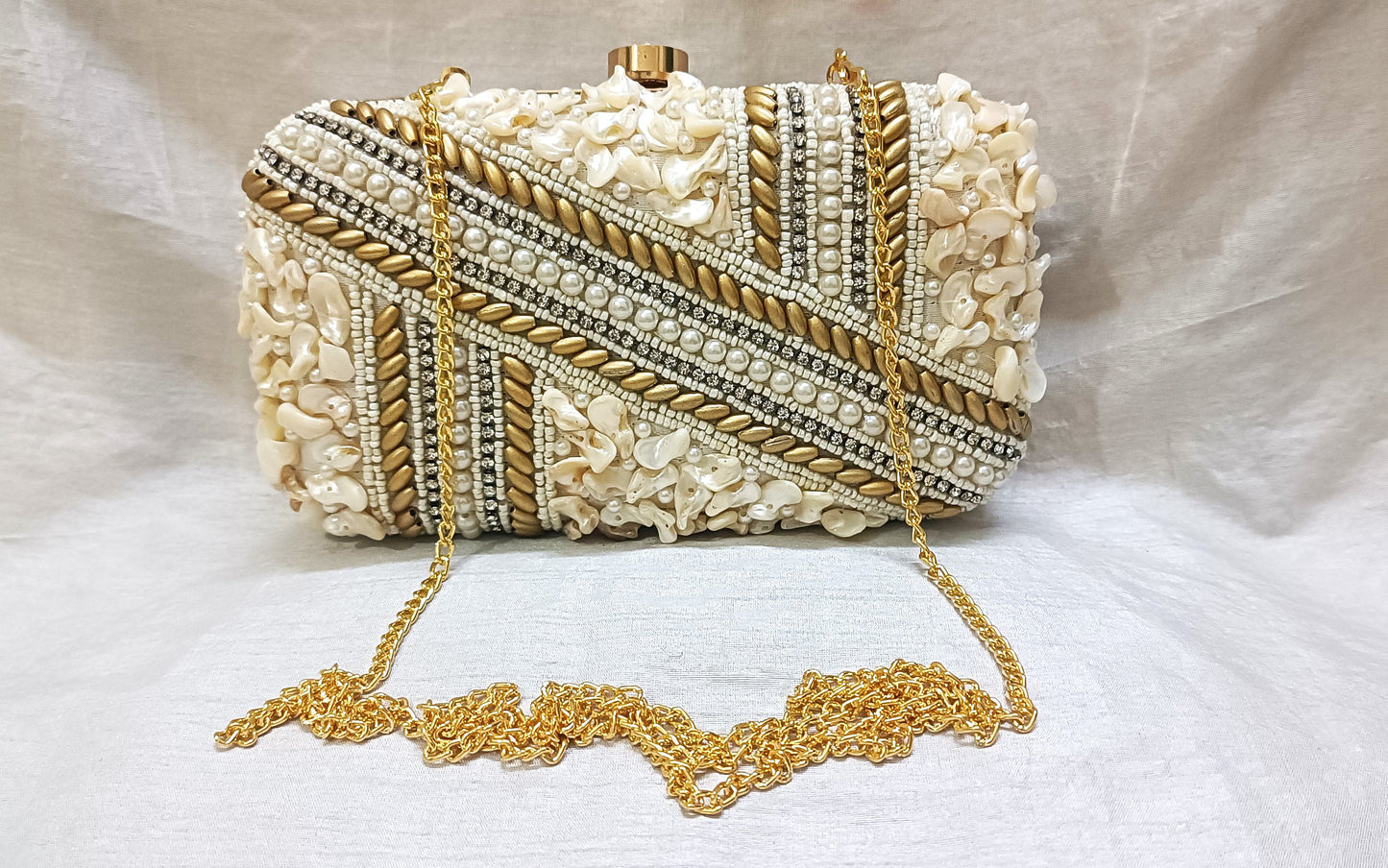 Stylish Handmade Pearl Beaded women partywear cream clutch purse