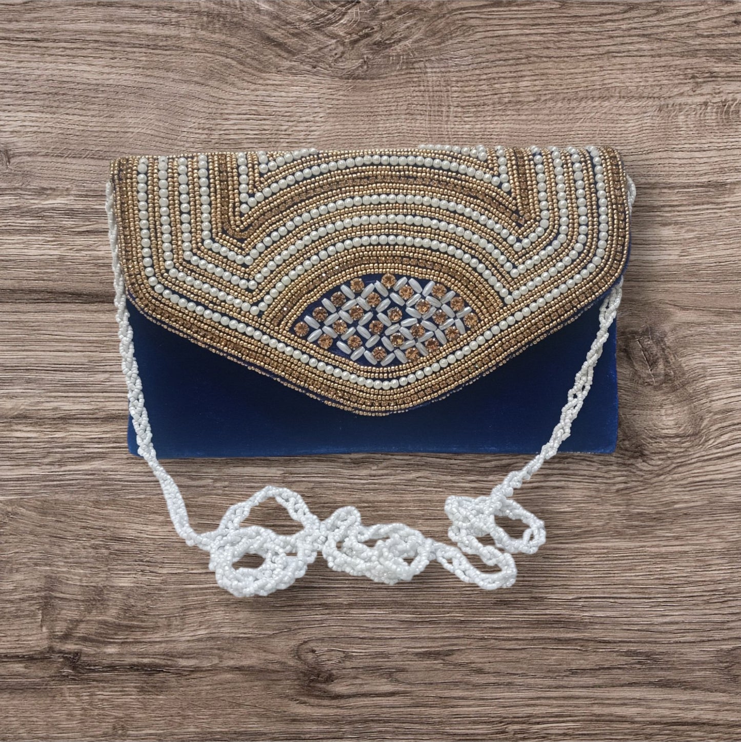 Beaded handmade blue velvet women clutch purse