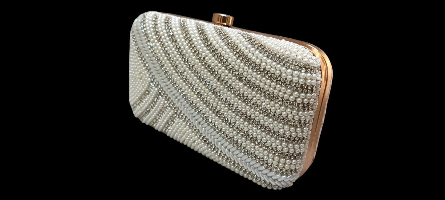white pearl crystal beads women clutch box purse