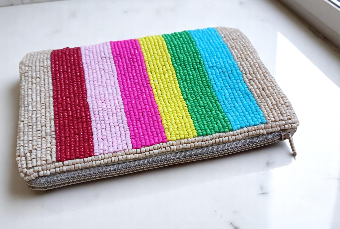 Multicolor embroidered beaded women small coin pouch bag