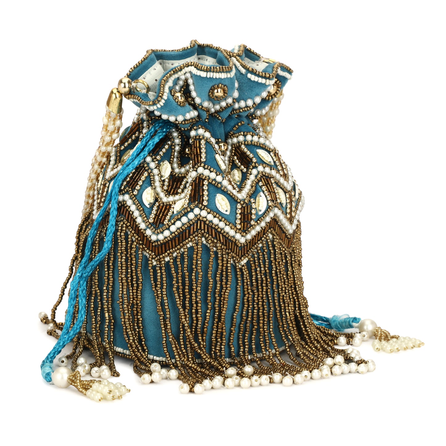 Pearl & Zardosi Potli Bag Hand Embroidery Drawstring Potli Women's Handbag Purse With Pearl Handle & Tassel Purse