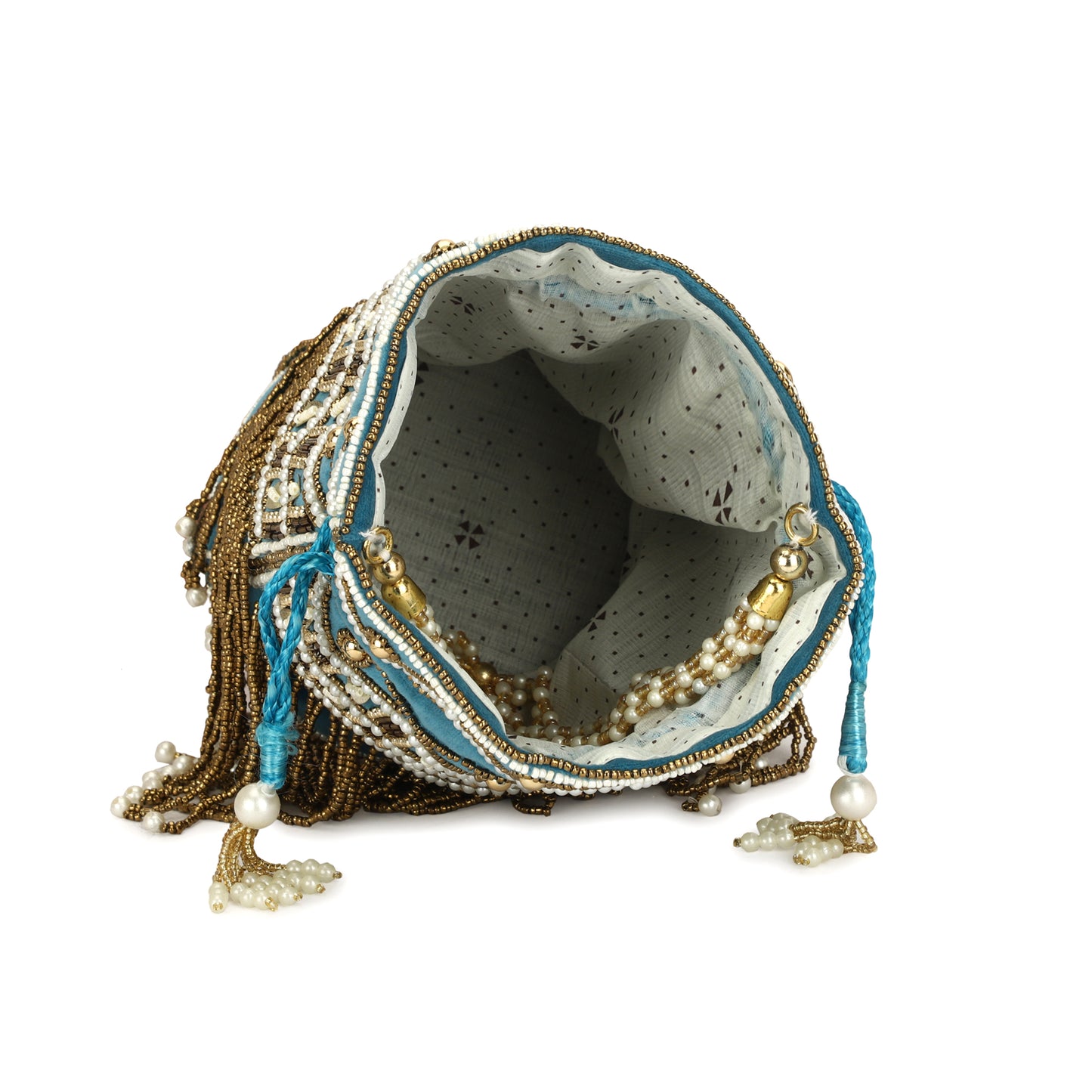 Pearl & Zardosi Potli Bag Hand Embroidery Drawstring Potli Women's Handbag Purse With Pearl Handle & Tassel Purse