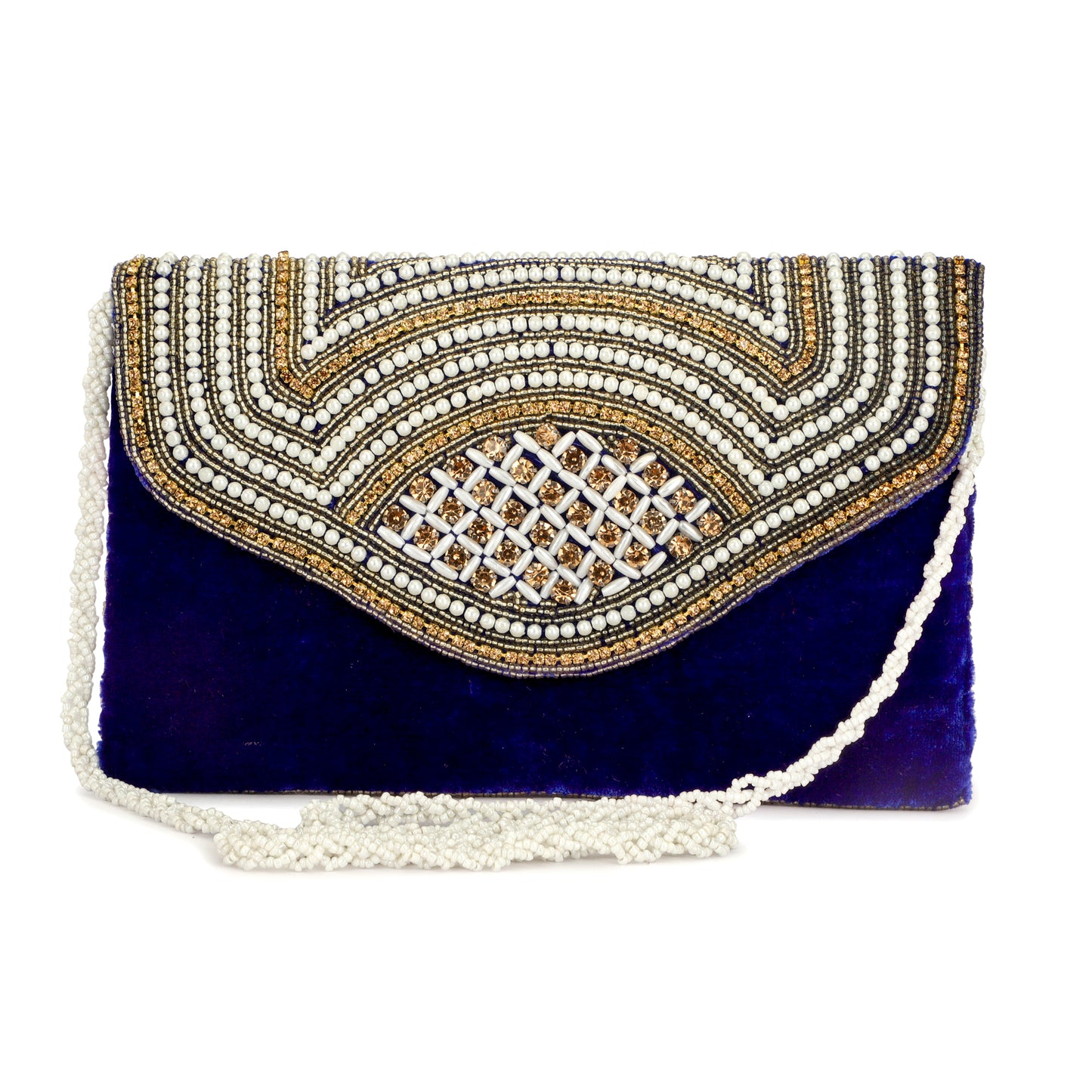 Handmade Beaded Clutch - Shoulder Sling for Women & Girls, White Embellishments.