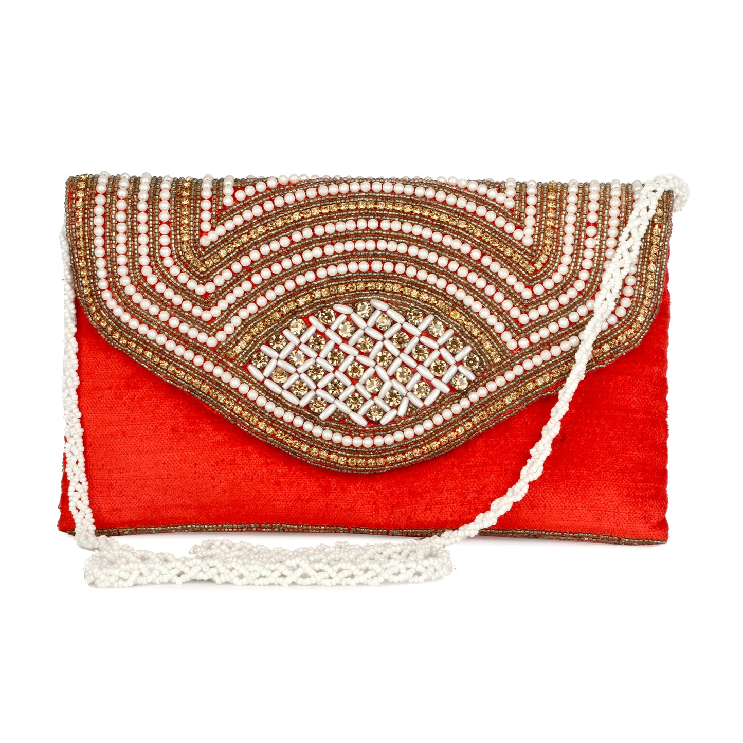 Ethnic gold color embroidery work women red clutch purse