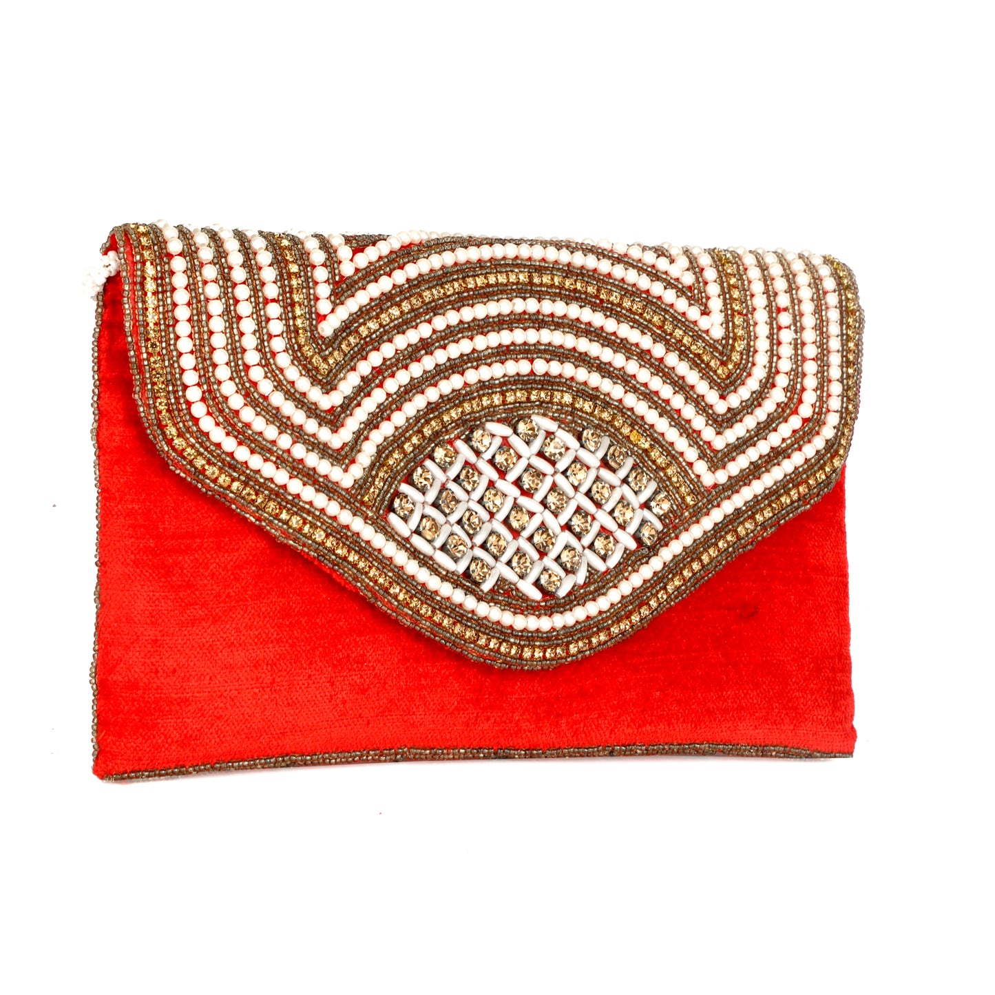 Ethnic gold color embroidery work women red clutch purse