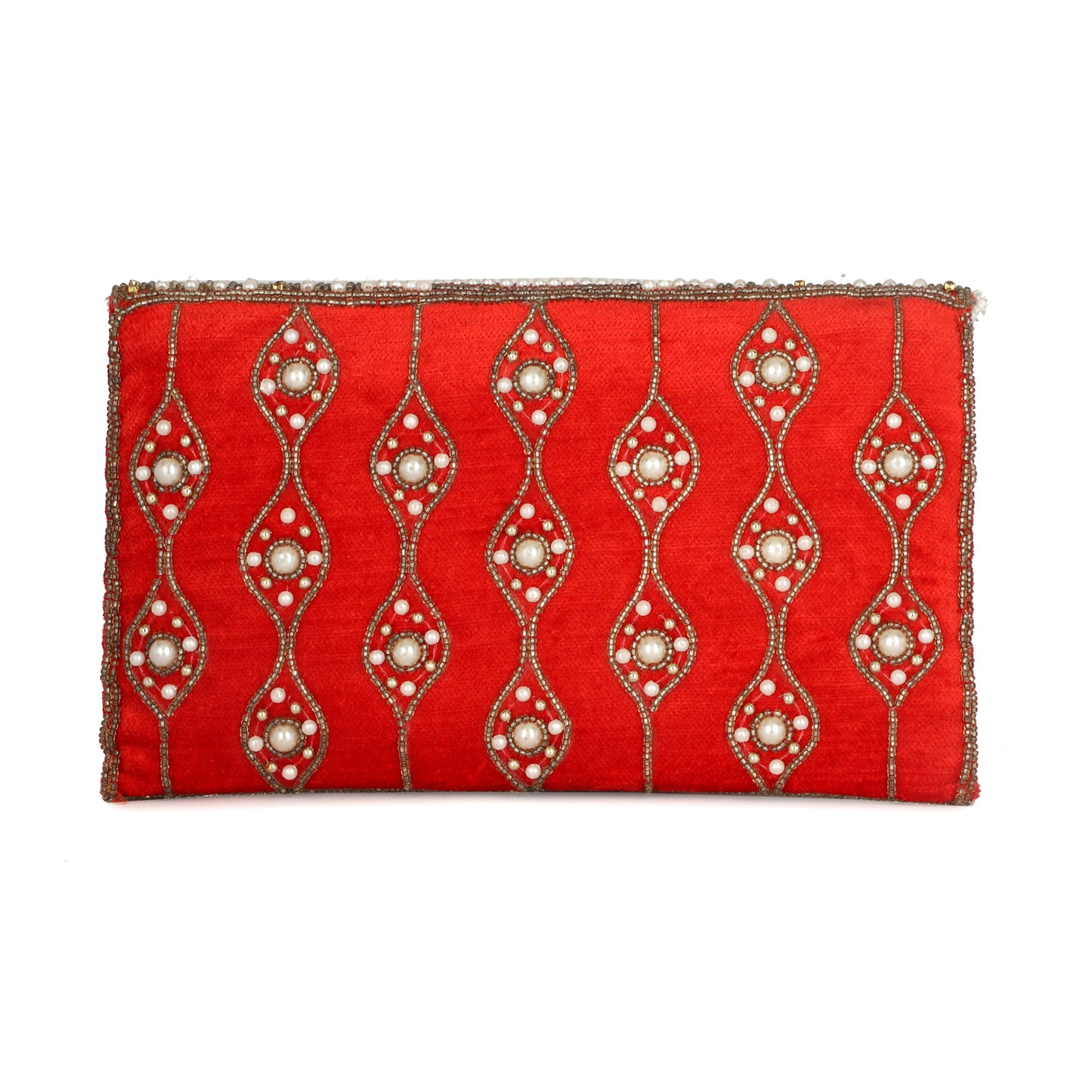 Ethnic gold color embroidery work women red clutch purse