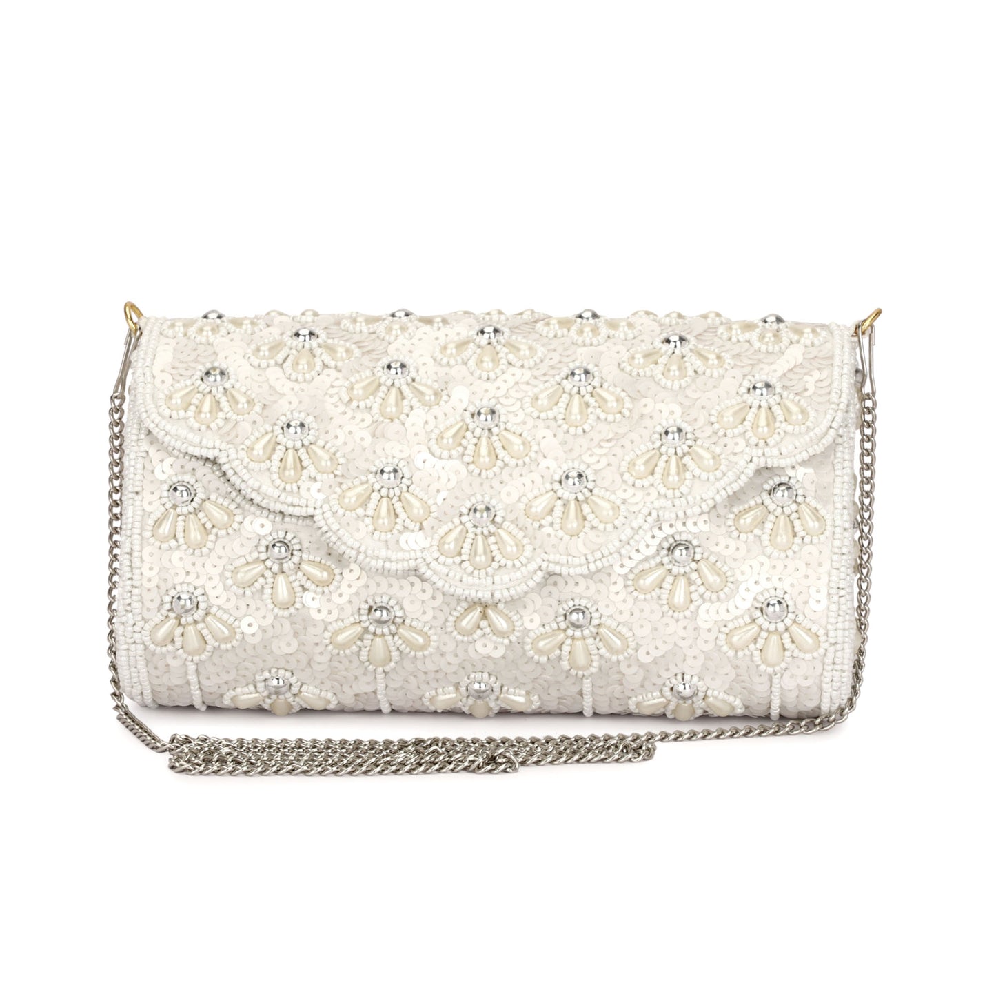 White pearl beads design round women clutch purse