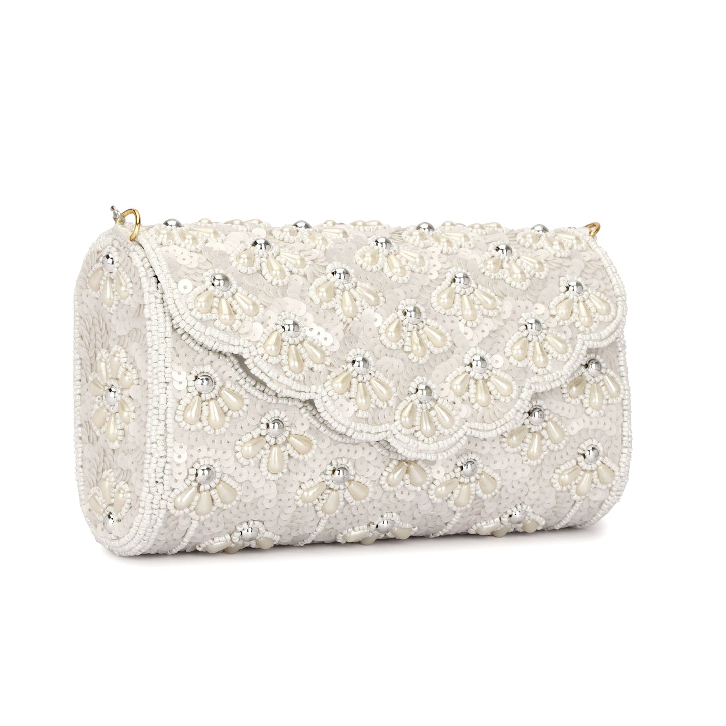 White pearl beads design round women clutch purse