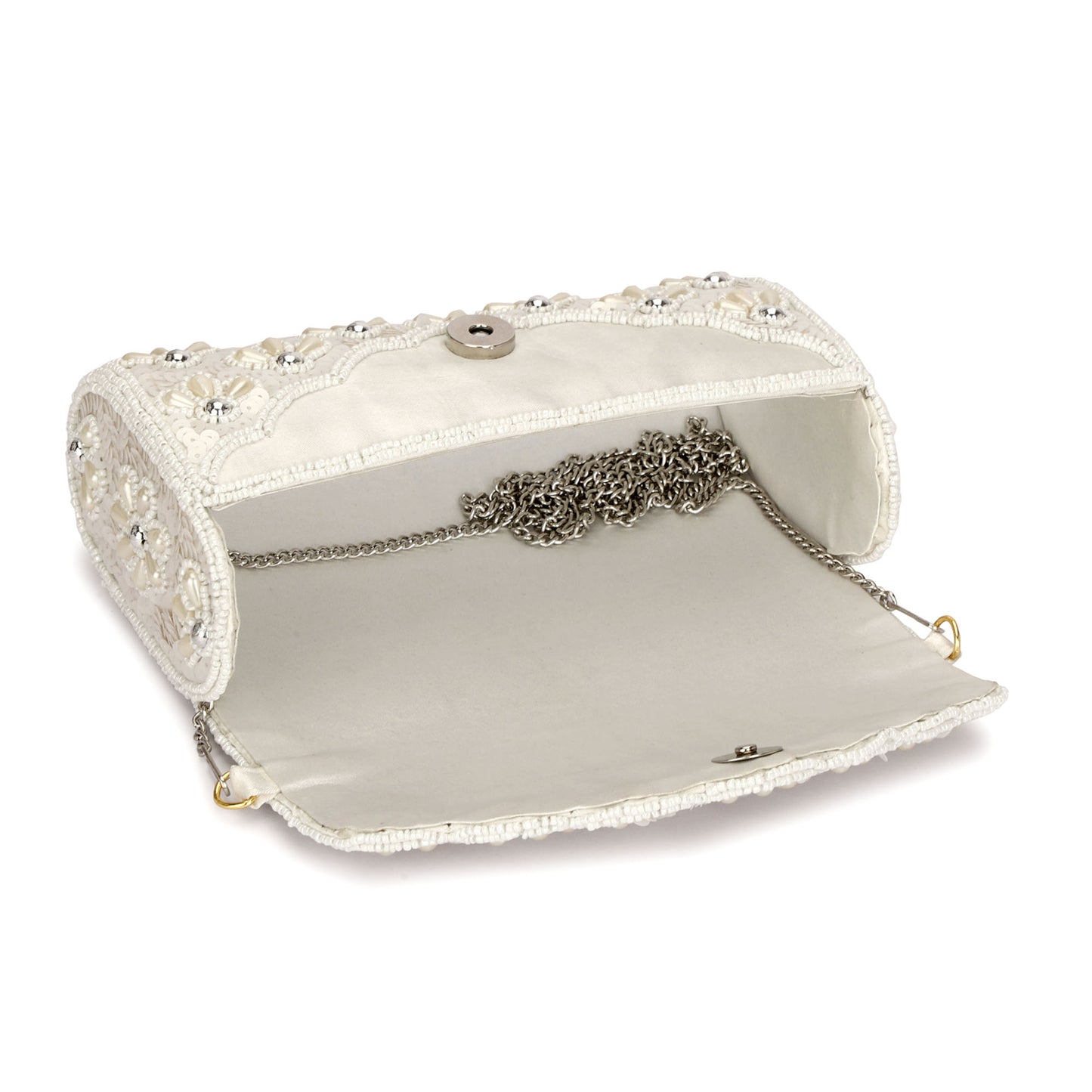 White pearl beads design round women clutch purse