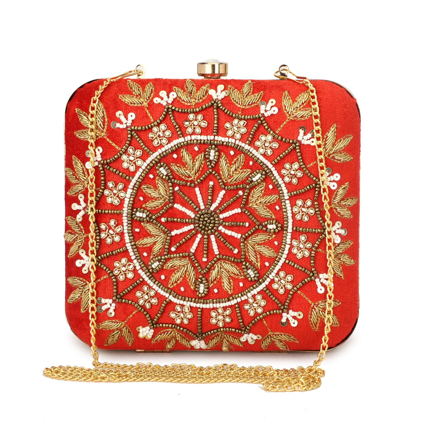 Round circle design women red color clutch box purse with sling gold chain