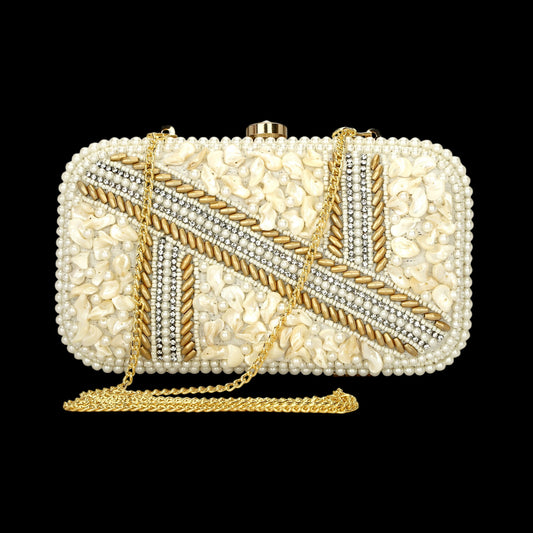 Stylish Handmade Pearl Beaded women partywear cream clutch purse