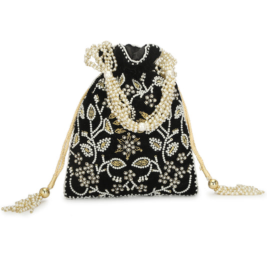 Beaded Fashionable Women Black Potli Bag