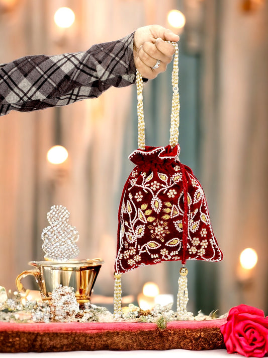 Beaded Women Maroon Potli Bag