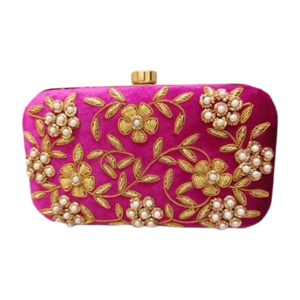 Women's gold zari  Hand Embroidered Party/wedding/clutch box purse