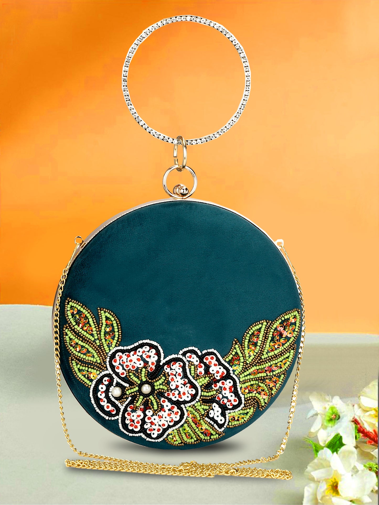 Designer women handmade partywear round shape clutch purse